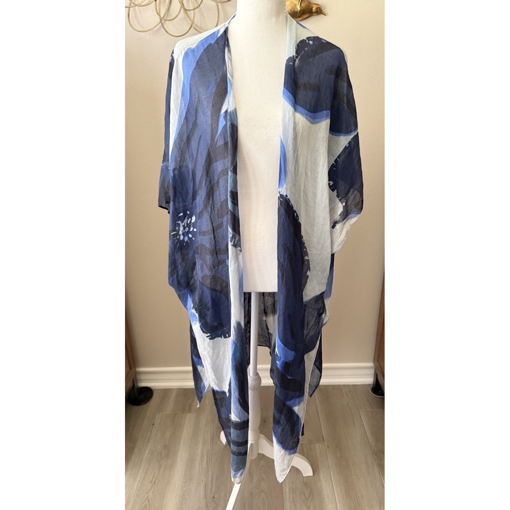 Soft Surroundings S/M Blue Watercolor Kimono Ruana 100% Cotton Sheer Duster